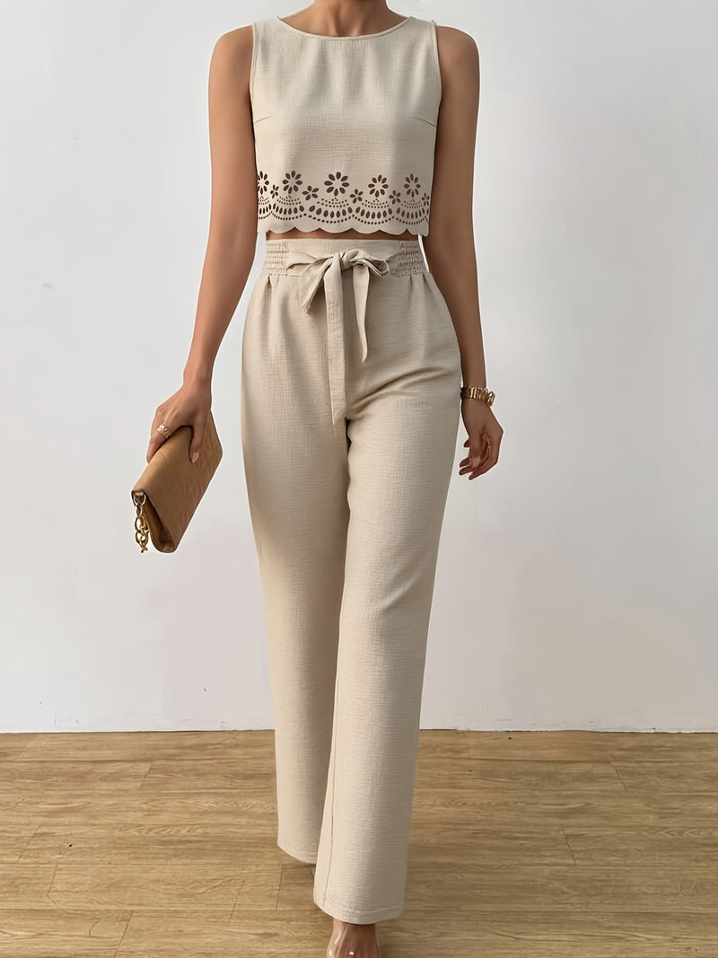 Women's Casual Pants 2pcs Set, Round Neck Sleeveless Floral Crop Top.