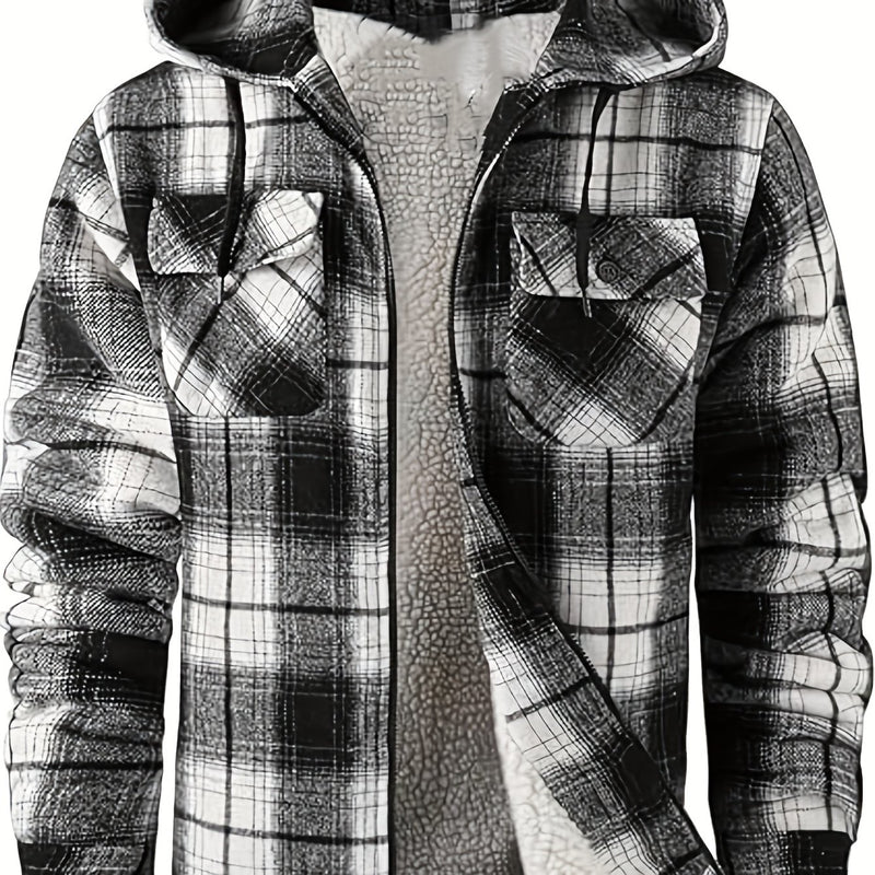 Men's Warm Jacket with Sherpa Lining, Plaid Hooded Zip-Up Winter Coat.