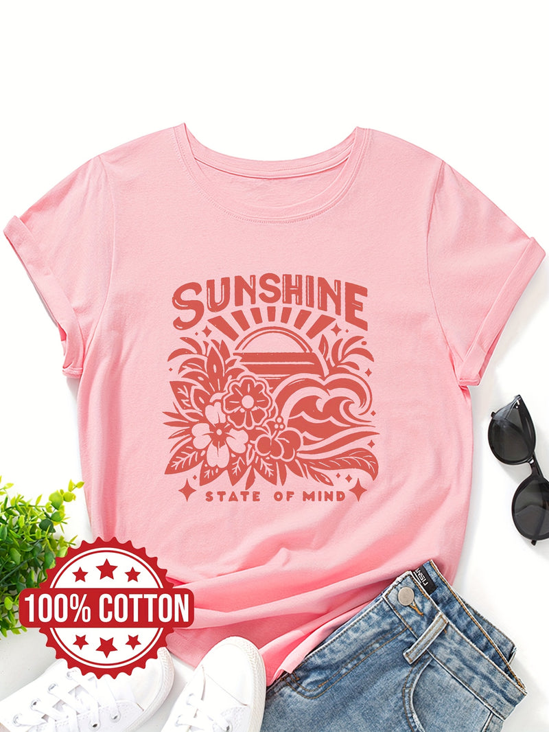 Women's Casual Crew Neck T-Shirt with "SUNSHINE" Graphic Print.