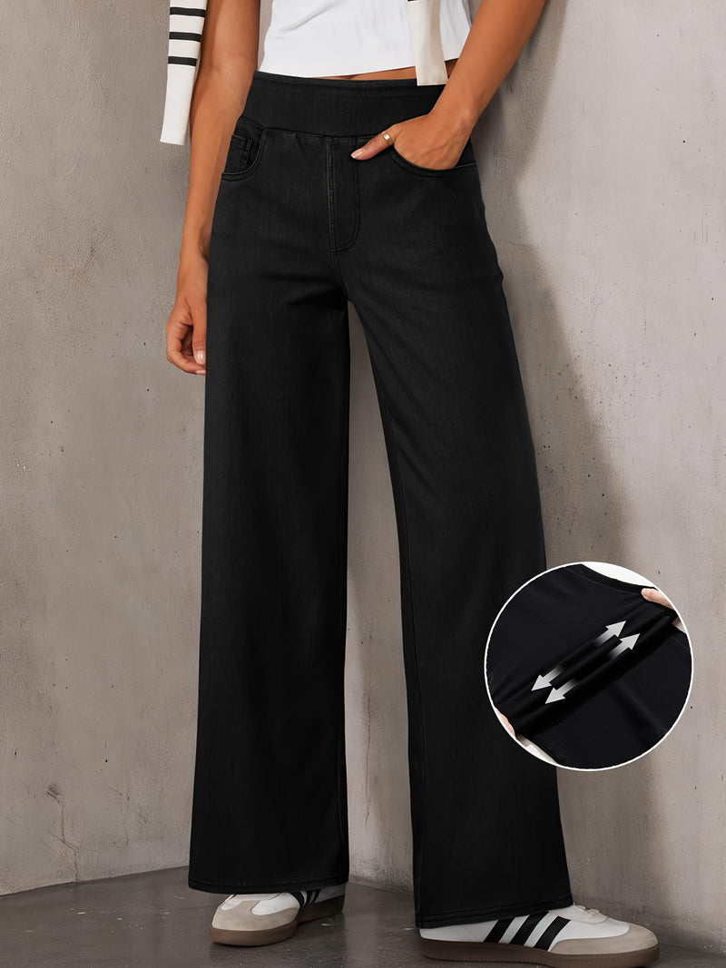 Black Trendy Elastic Waist Straight-Leg Flared Jeans for Women.
