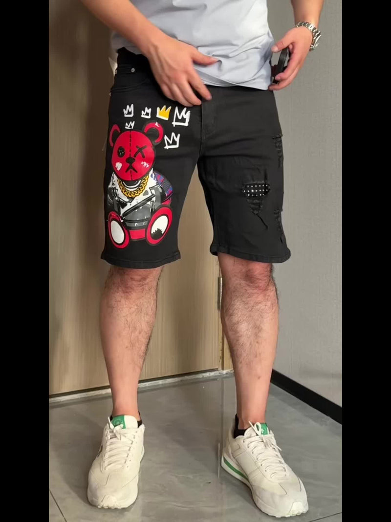 New Retro European and American Style Red Bear Print Ripped Jeans.