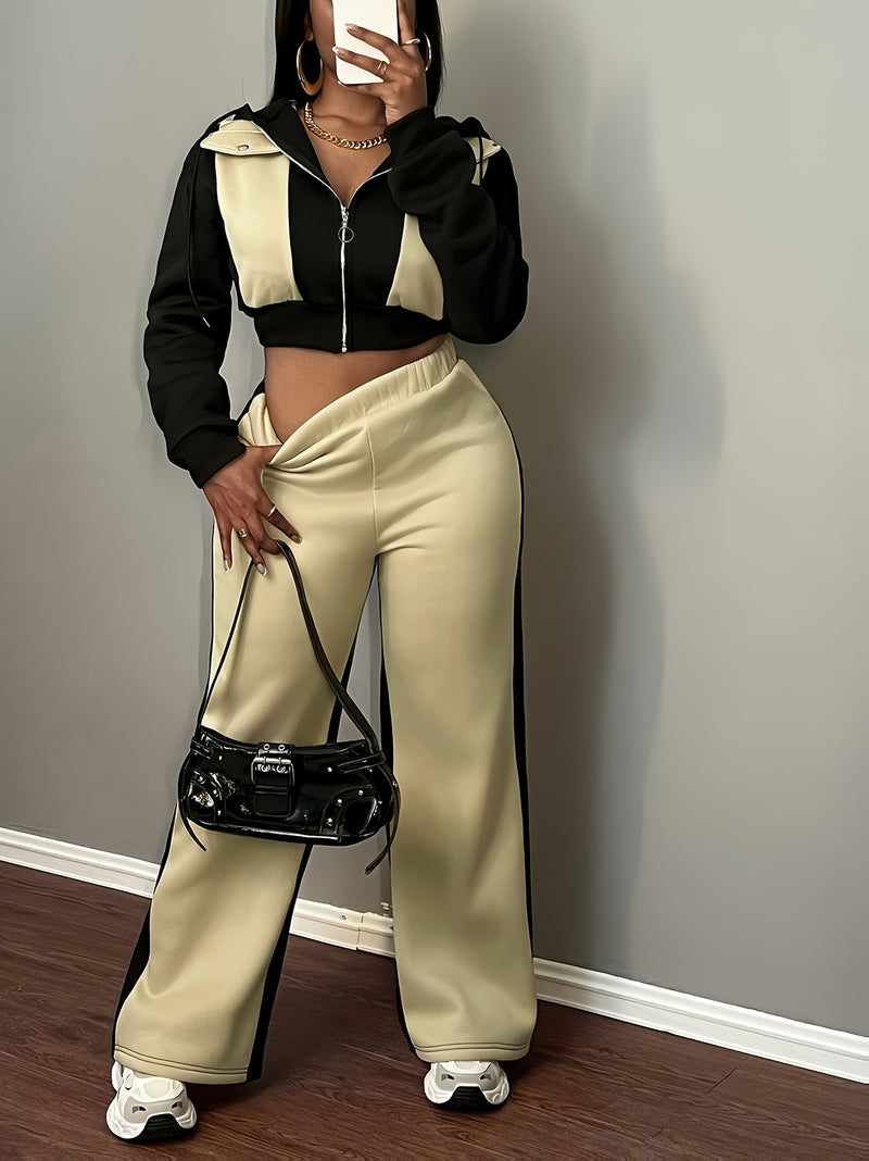 Women’s Fashion Color Block Hooded Sweatshirt and Pants Set.