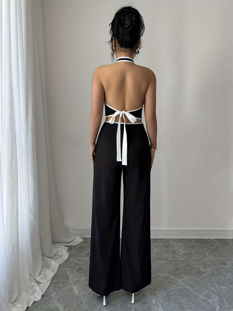 2pcs Women's Commuter Solid Color Short Sleeve Sleeveless Top and Pants.