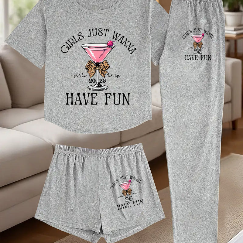 A Three-Piece Women's Loungewear Set, Featuring a Printed Design.