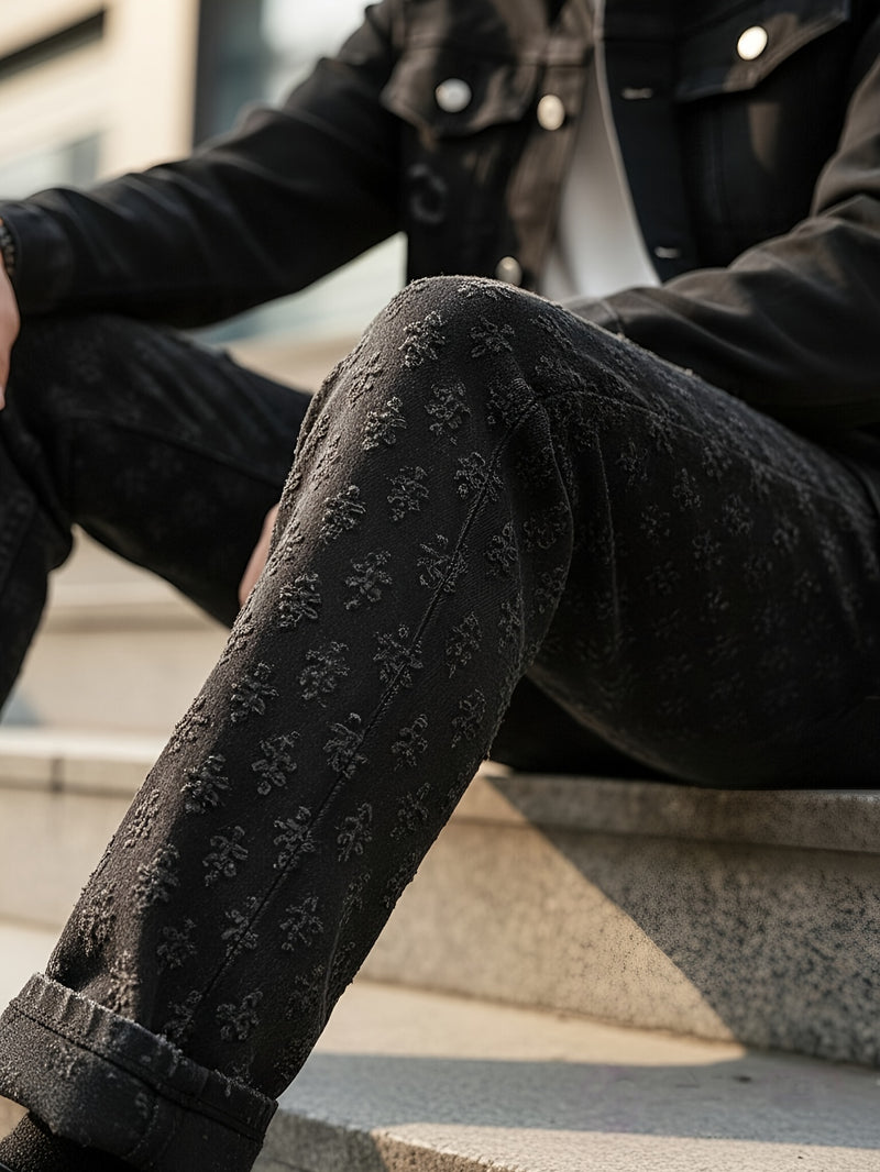 Men's Black Vintage-Washed Denim Two-Piece Set.