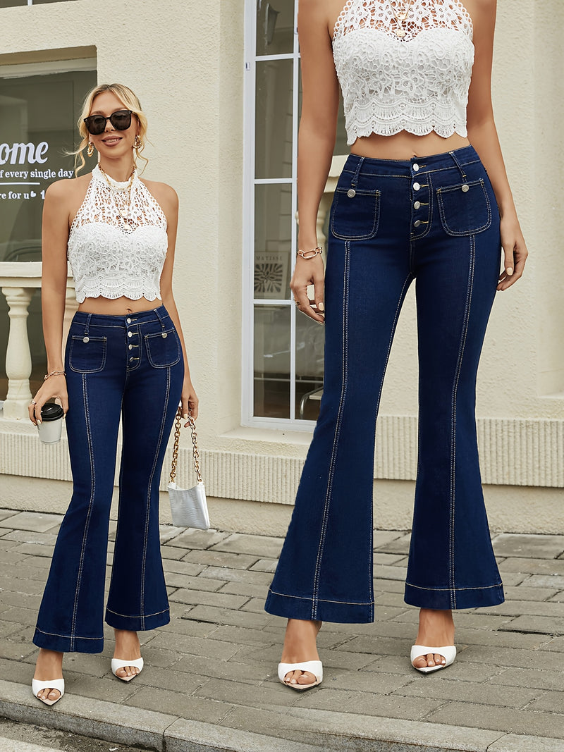 Women's Retro Row Button High Elastic Denim High Waist Slim Fit Flared Pants.