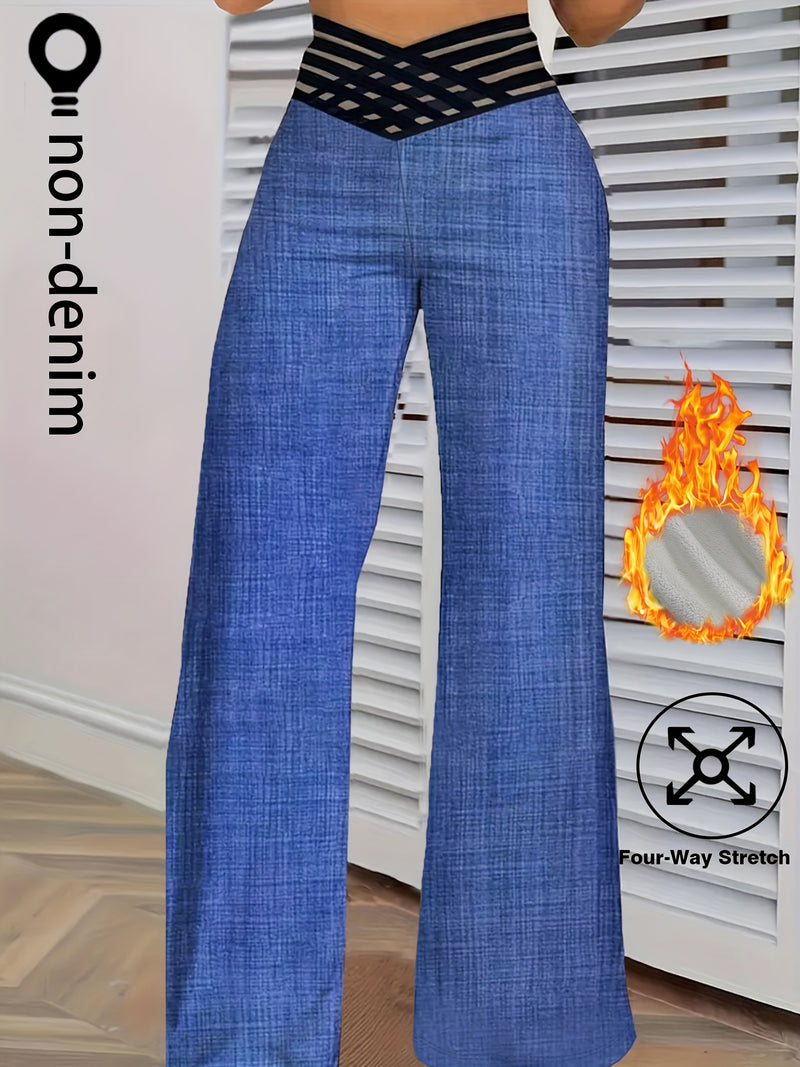 Women's Wide-Leg Long Pants with a Faux Denim Print.