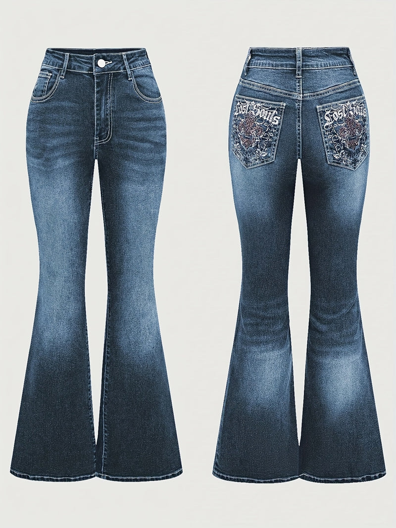 Women's Stretchy Embroidered Flared Trousers.
