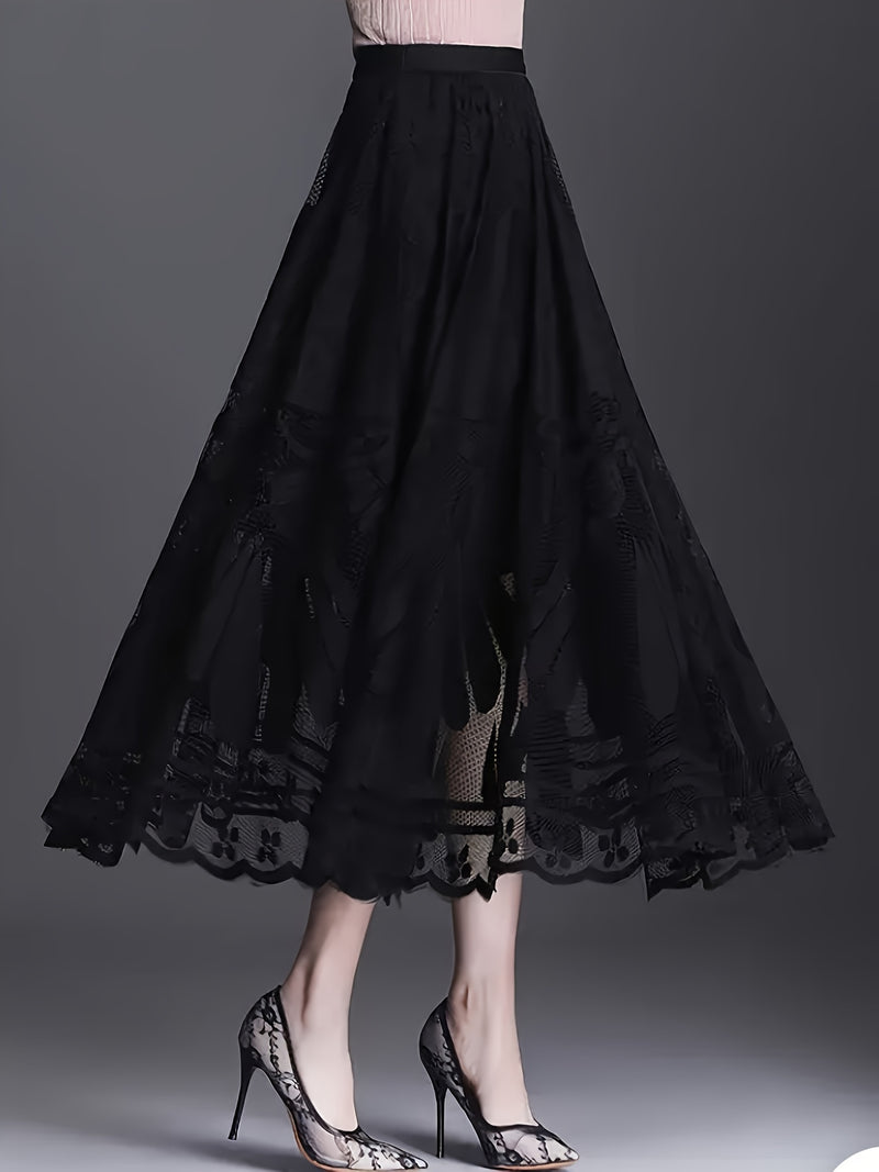 Elegant Women's A-Line Lace Skirt - Long Pleated Design.