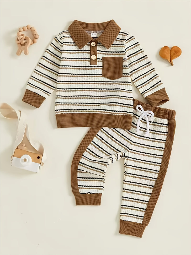 Toddler Boys Waffle Stripe Lapel Collar Sports Set.