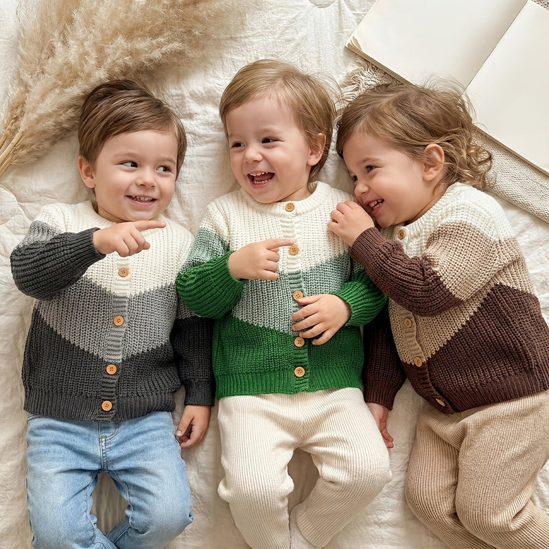 Baby Retro Tricolor Color Blocking Knitted Cardigan.