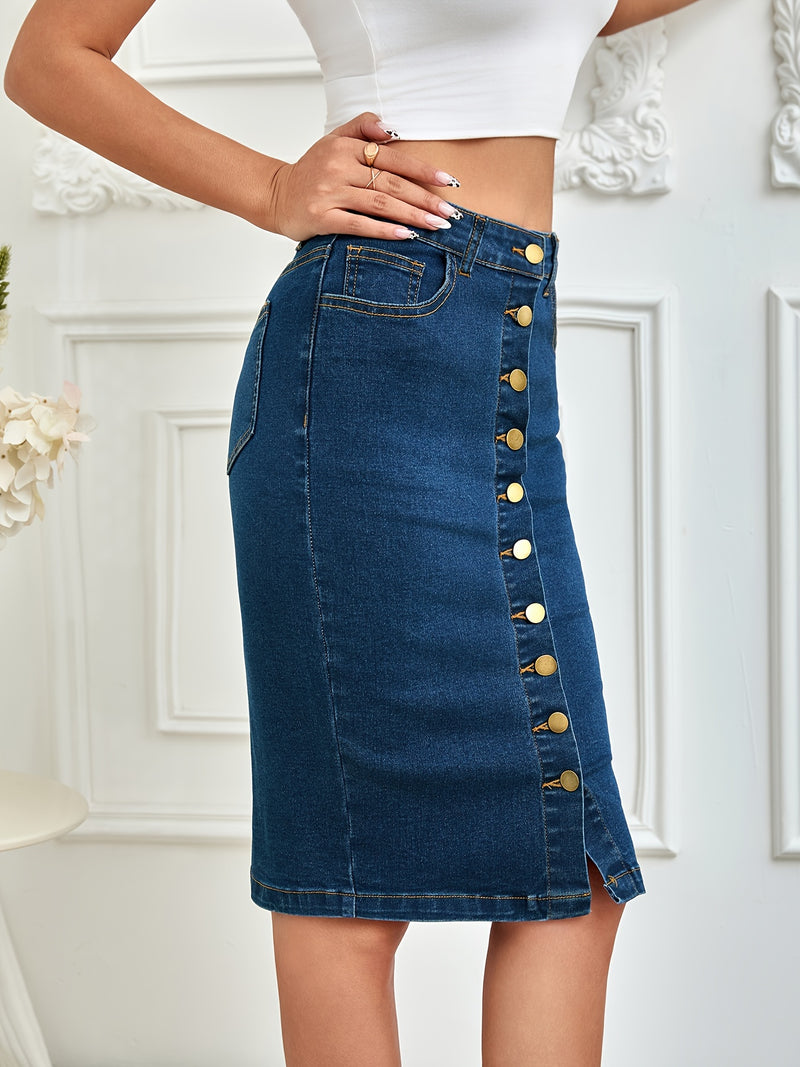 Women's High-Waist Stretch Denim Pencil Skirt with Front Button Closure.