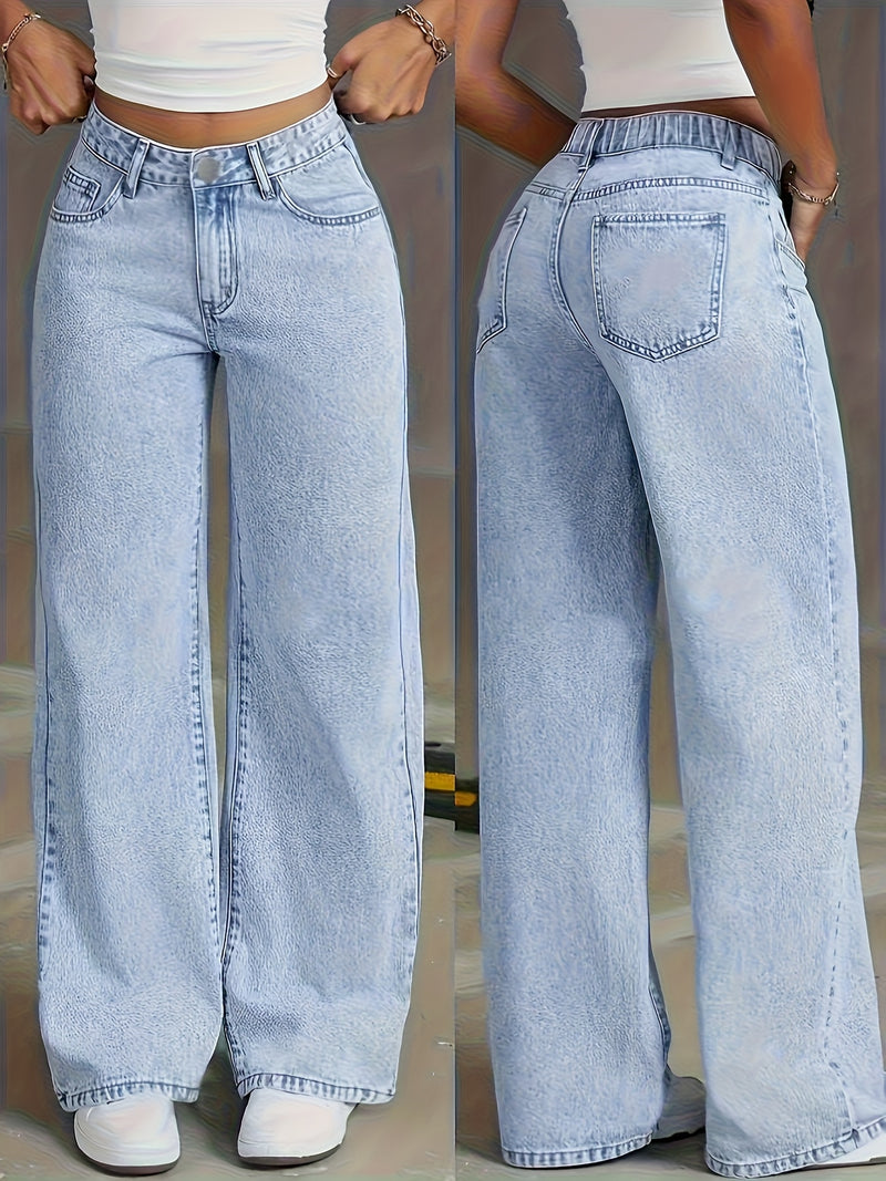 Women's Mid-Rise Wide-Leg Jeans with Elastic Back Waistband.