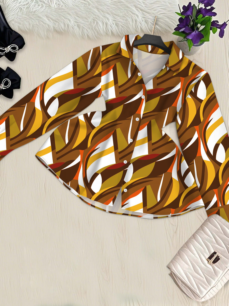 Women’s Two-Piece Set Featuring a Geometric Print Shirt And Solid Color Trousers.