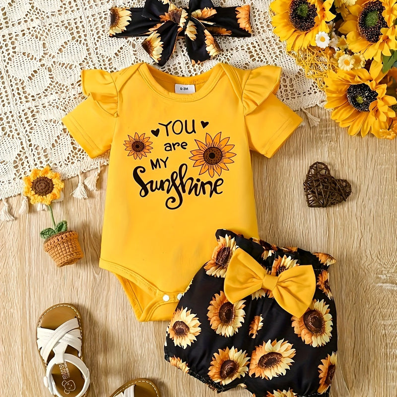 Letter Print Romper with Floral Shorts + Headscarf Three-piece Set.