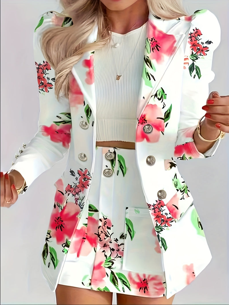 Women's Elegant Floral Print Blazer & Skirt Set.