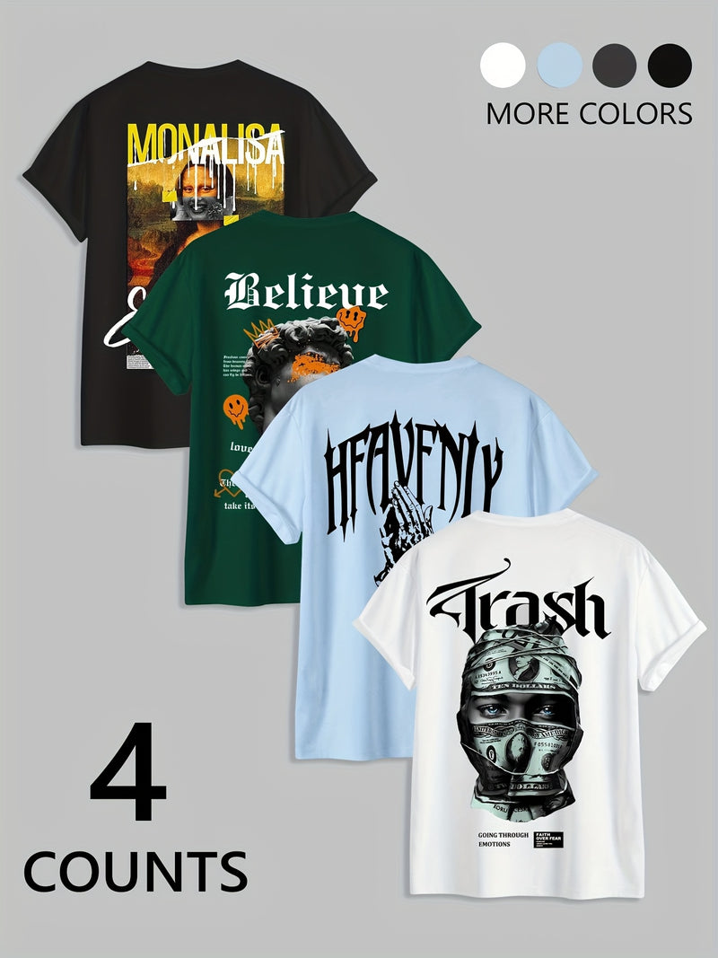 Set of 4 Men's Round Neck Print T-Shirts.