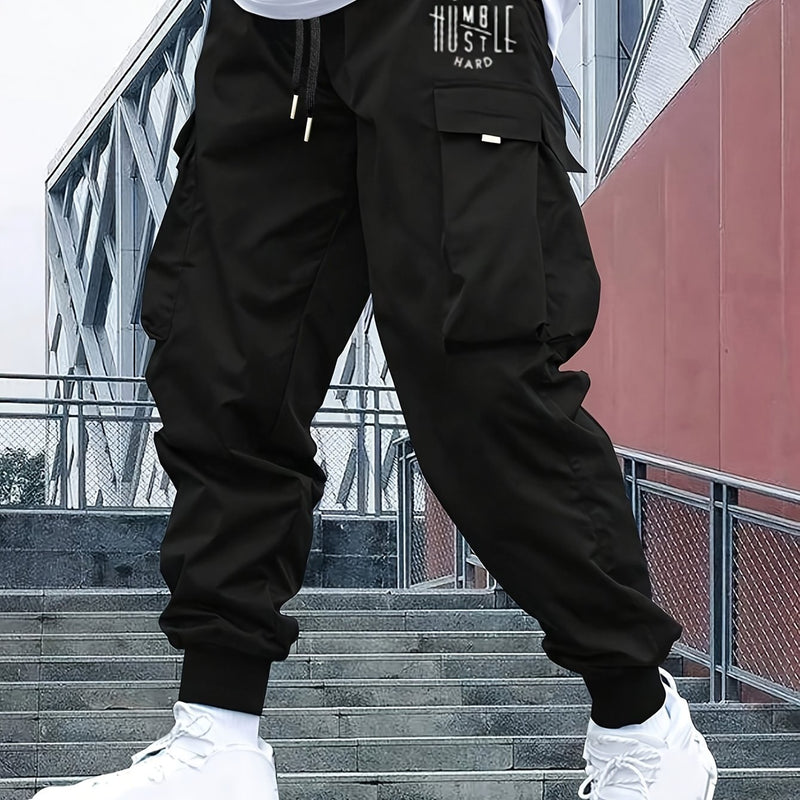 Men's Casual Cargo Pants with Multiple Pockets & Letter Print.
