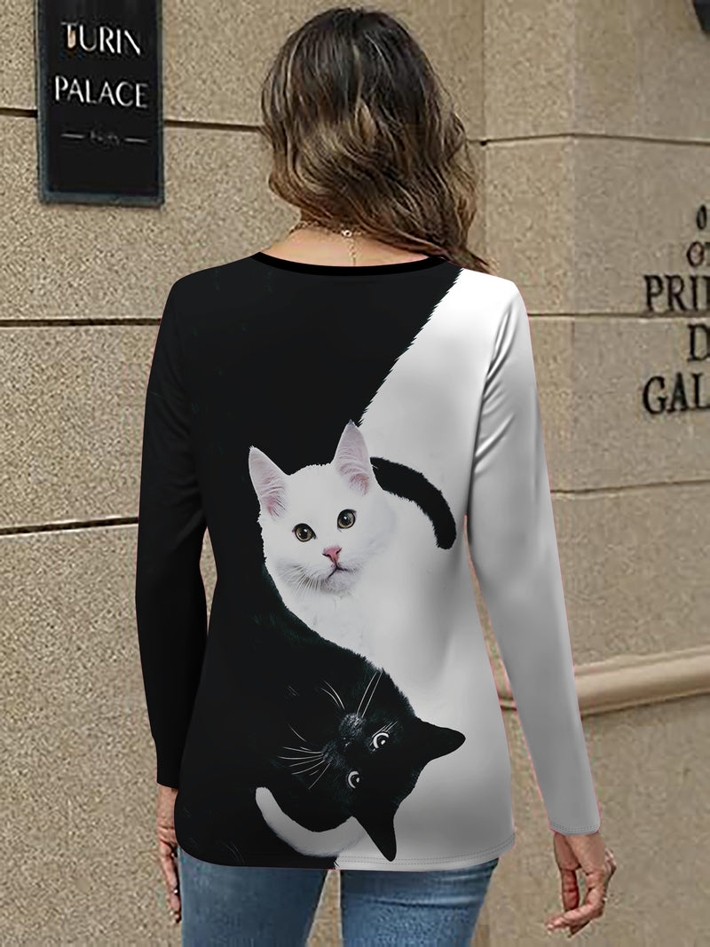 Elegant Women's V-Neck Cross Strap Printed Long Sleeve T-Shirt.