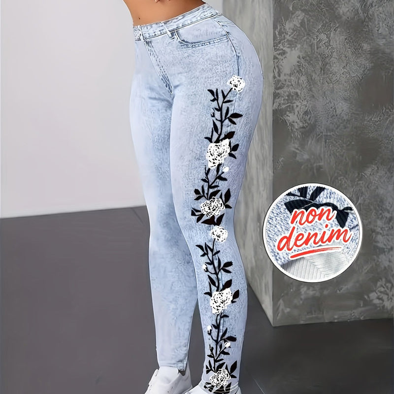 Women's High-Waisted Light Wash Blue Blooming Denim Pants.
