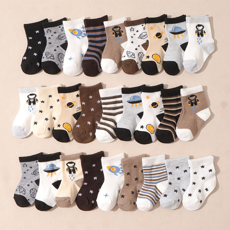 10 Pairs of Solid Color Baby Socks with Star And Stripe for Everyday Wear.
