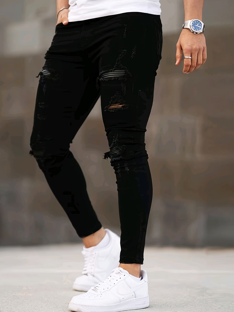 Men's Classic Ripped Patchwork Stretchy Slim-Fit Jeans.