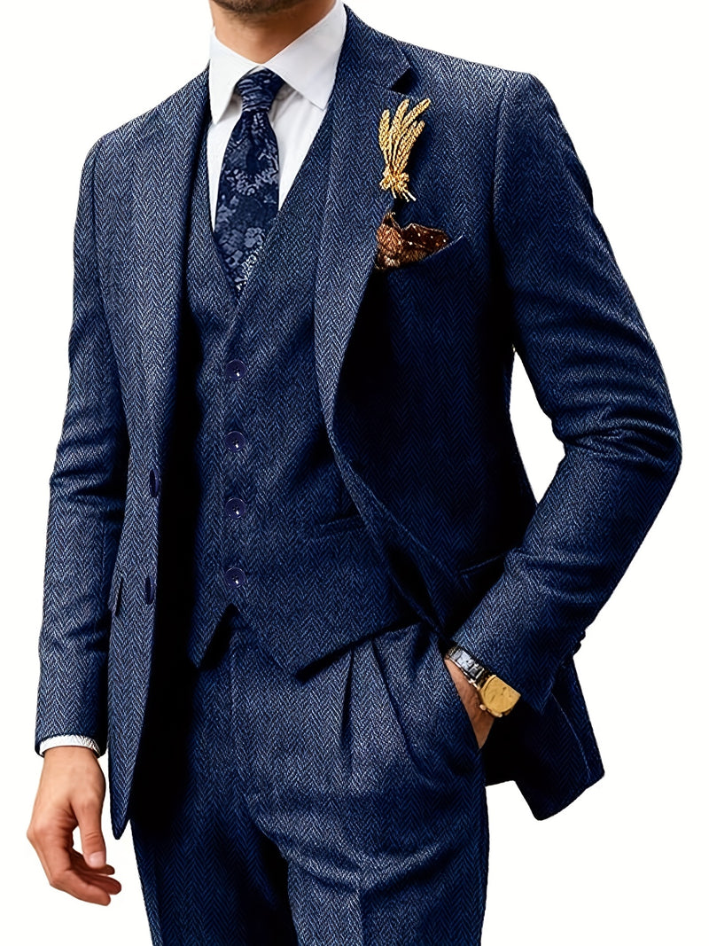 Men's Three-Piece Suit Made of Blended Herringbone Fabric.