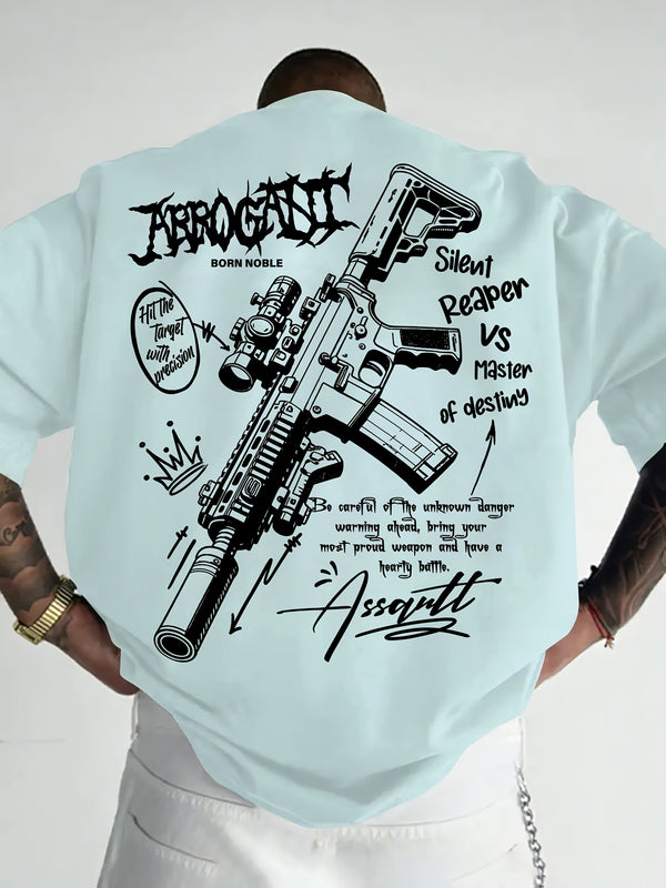 Men’s Trendy Streetwear T-Shirt Featuring Playful Graffiti M4 Elements.