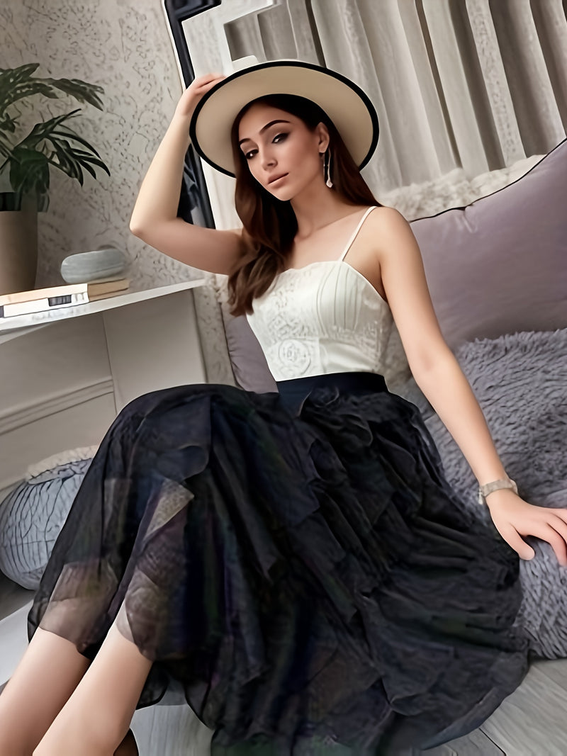 Women’s Irregular High-Waisted A-Line Tulle Skirt, Layered Tulle Skirt.