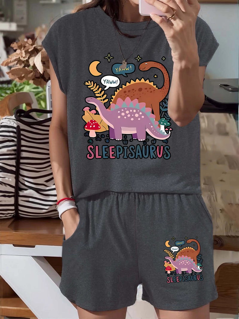 Women's Casual Sleeping Dinosaur Graphic Tee and Shorts.