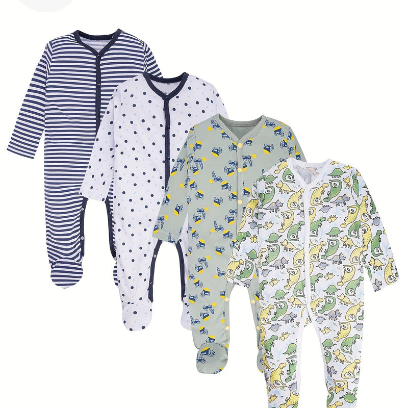 4pcs Bamboo Fiber Footed Onesies for Newborn Boys.