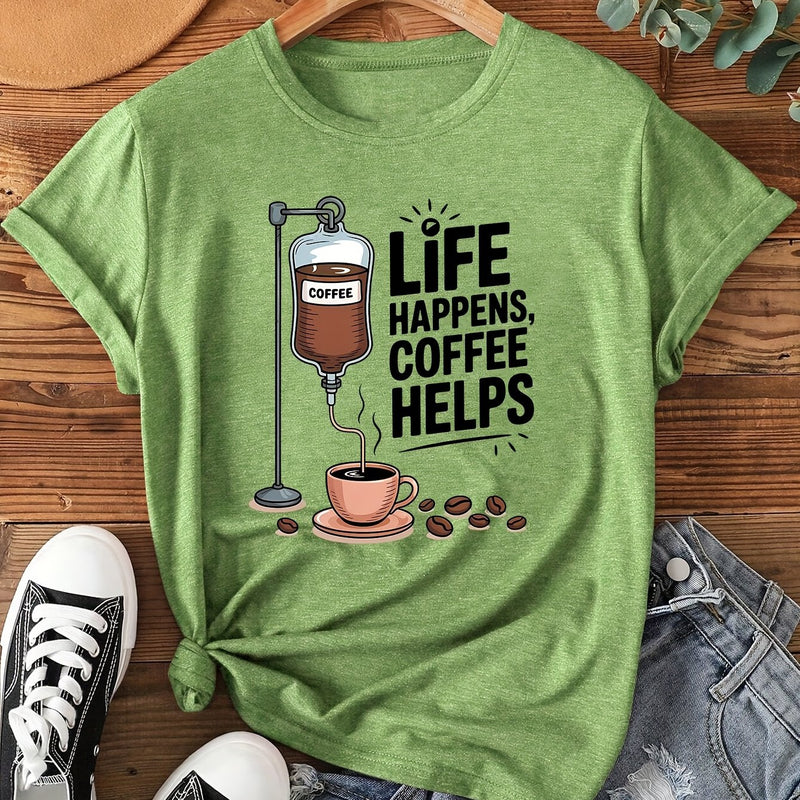 Women's Coffee-Themed T-Shirt with "Coffee Helps" Slogan.
