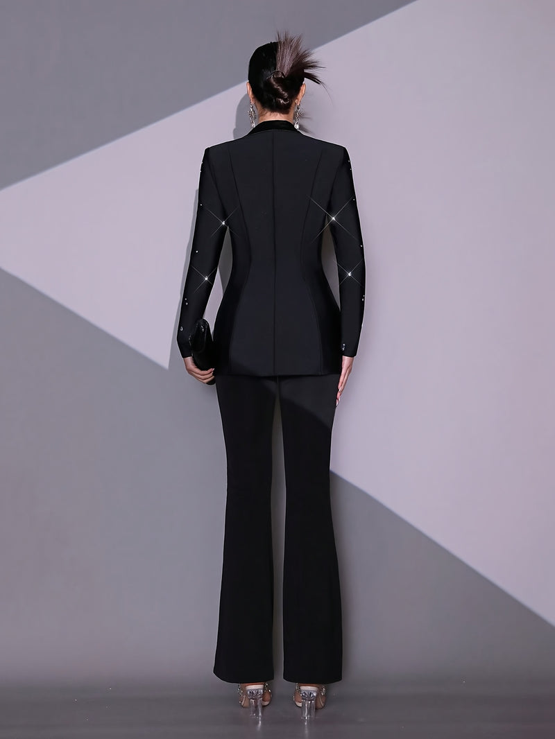 Black Sexy Heavy-Duty Shiny Diamond Long-Sleeve Blazer and Pants for Women.