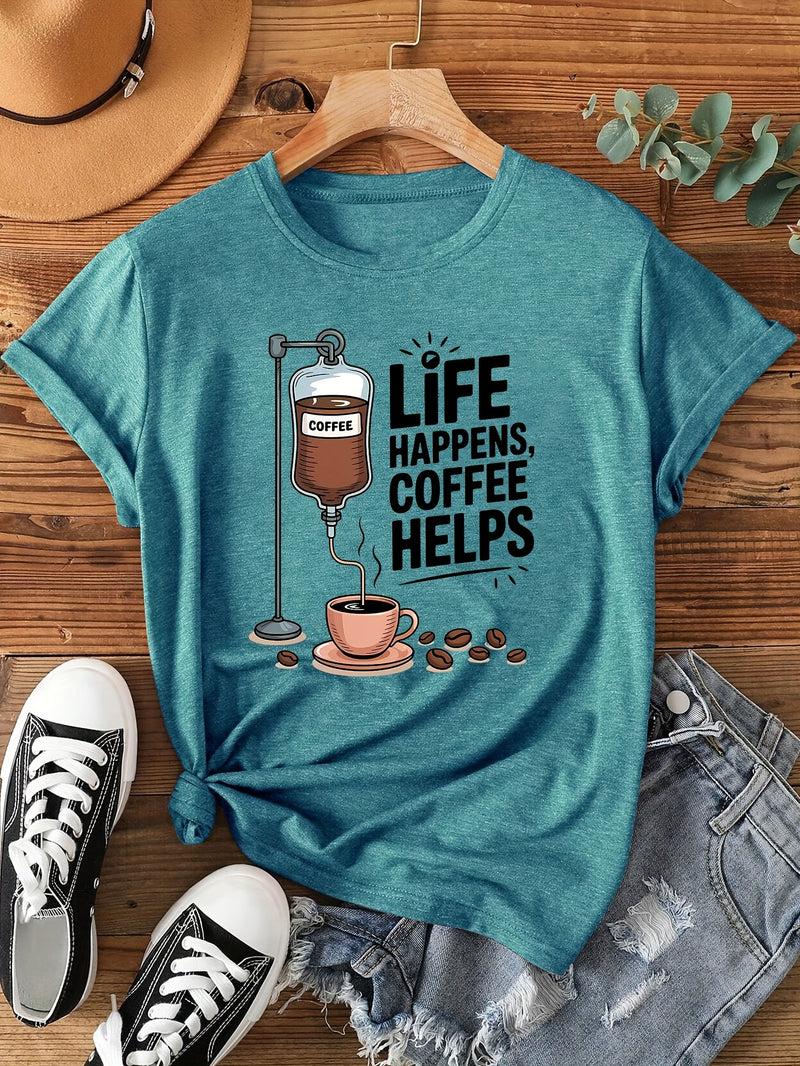 Women's Coffee-Themed T-Shirt with "Coffee Helps" Slogan.