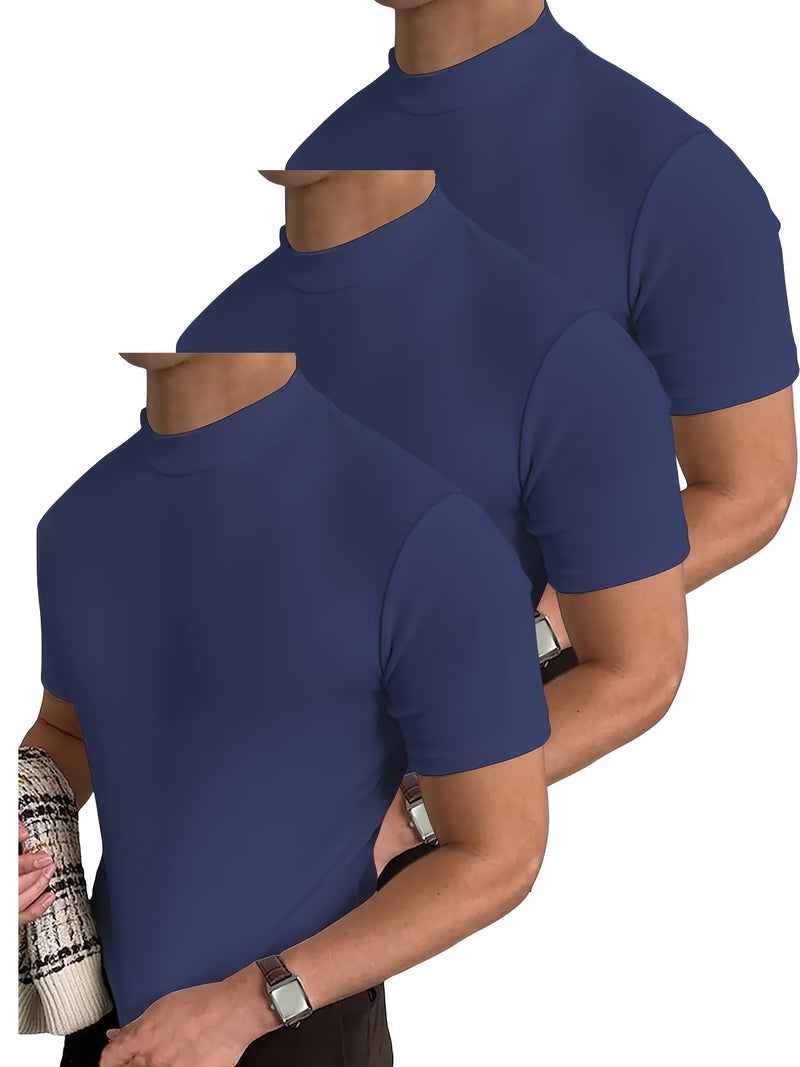 3pcs Men's Solid Color Stretchy Short-Sleeve Round Neck Sports T-Shirts.