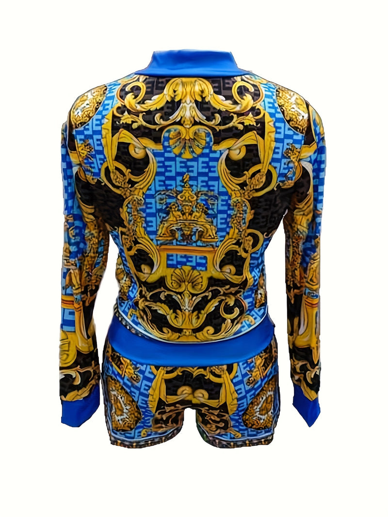 Women’s Floral Print Elegant Shorts Set, Long Sleeve V-neck Zip Up Jacket.