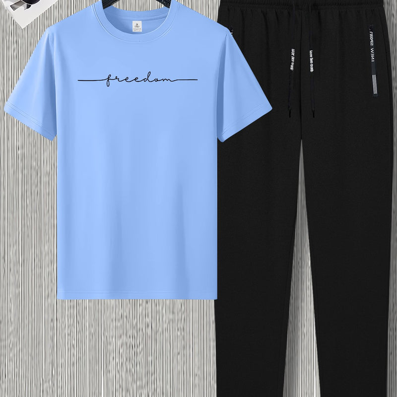 Men's Summer Design Short-Sleeve Set with Stylish Line Prints Paired.