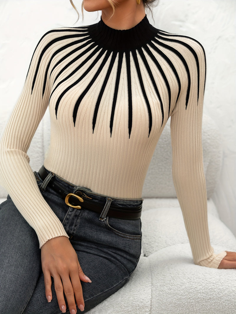 Women's Color Block Ribbed Elegant Long Sleeve Pullover.