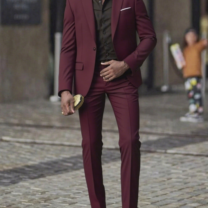 2pcs Men's Slim-Fit Burgundy Wedding & Business Suit Set.