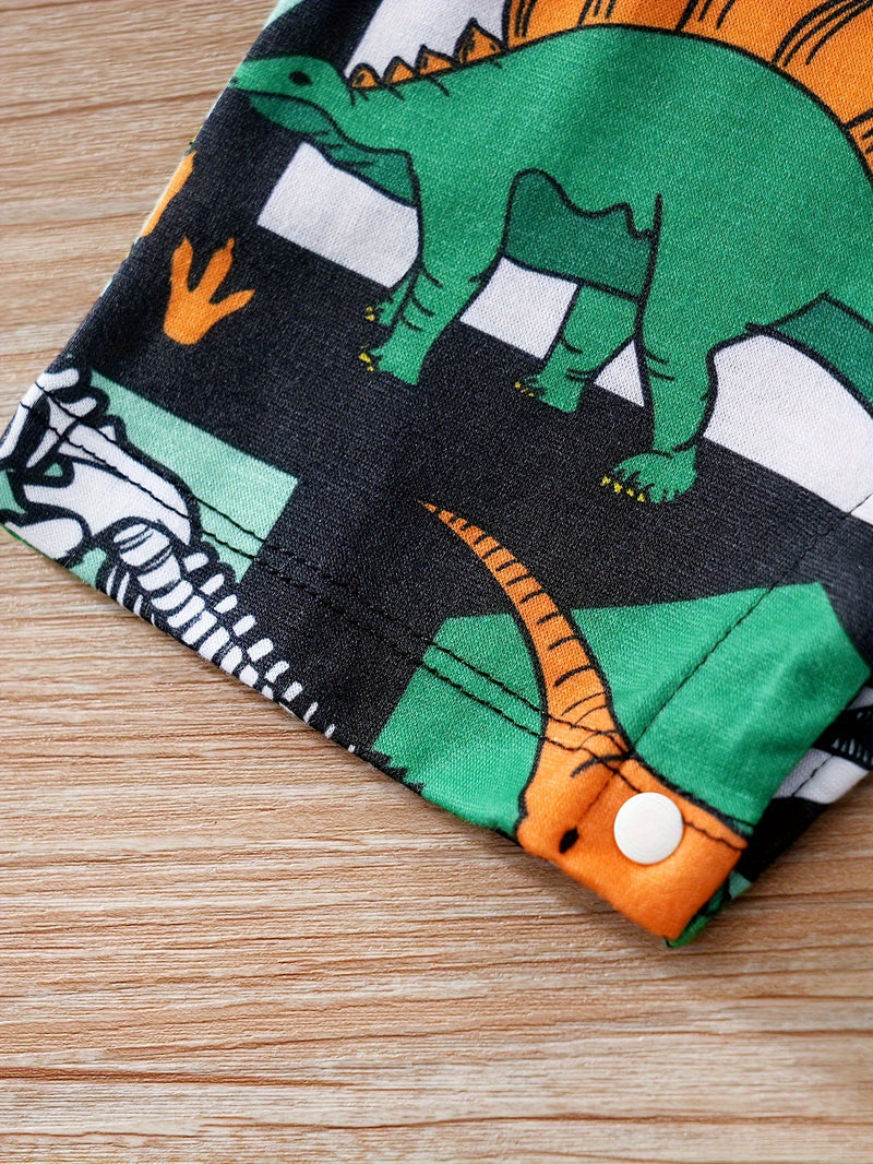 Summer Baby Romper with Cartoon Dinosaur Print And Faux Two-Piece.