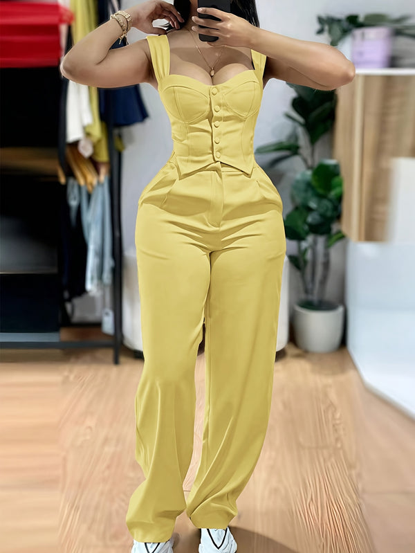 Women’s Elegant Two-Piece Set with Thick Straps And Buttoned Front.