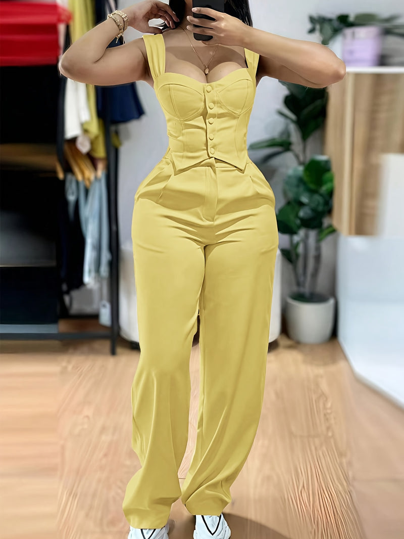 Women’s Elegant Two-Piece Set with Thick Straps And Buttoned Front.