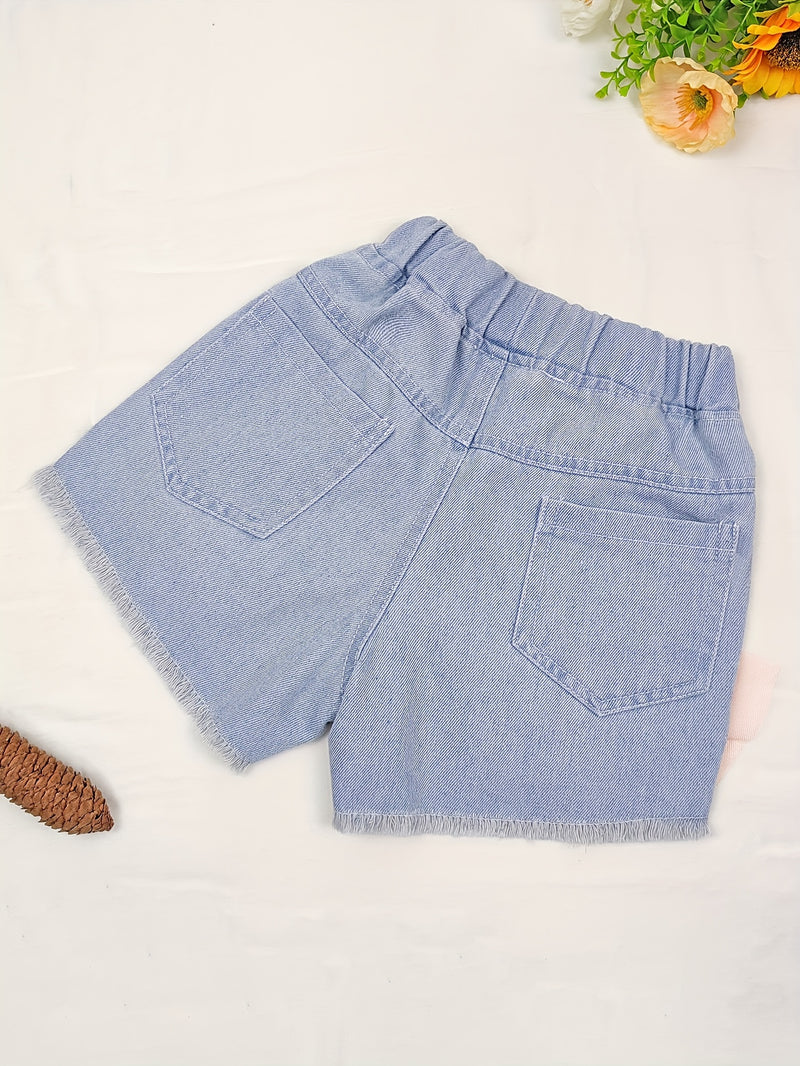 New Girls' Embroidered Swan Denim Shorts, Versatile Outerwear Pants for Girls.
