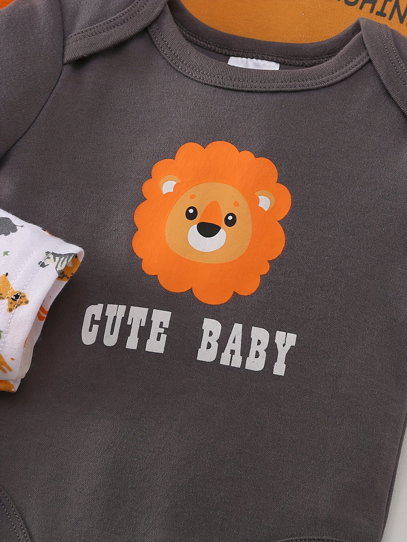 5pcs Set for Baby Boys Featuring a Cartoon Orange Lion Print.