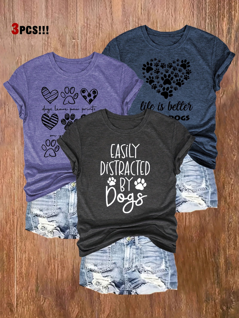 3pcs Women's Casual Dog Lover Graphic T-Shirts.