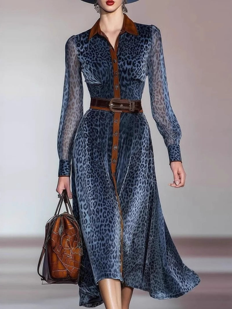 Women’s Mesh Digital Print Shirt Collar Cardigan with Belt Long Dress.