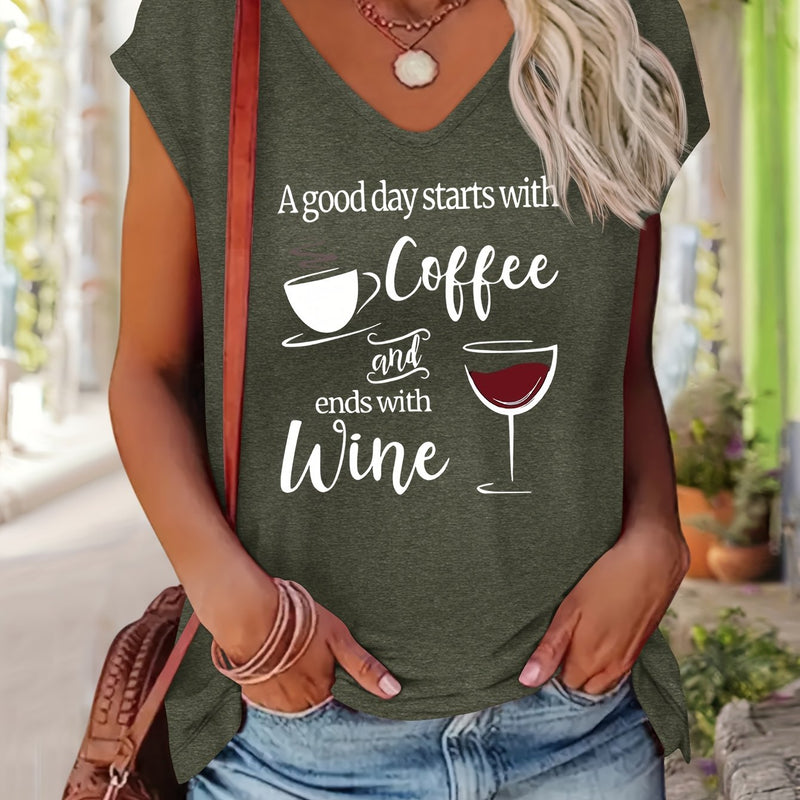 Women’s Comfortable V-Neck Short-Sleeve T-Shirt Features a Print.