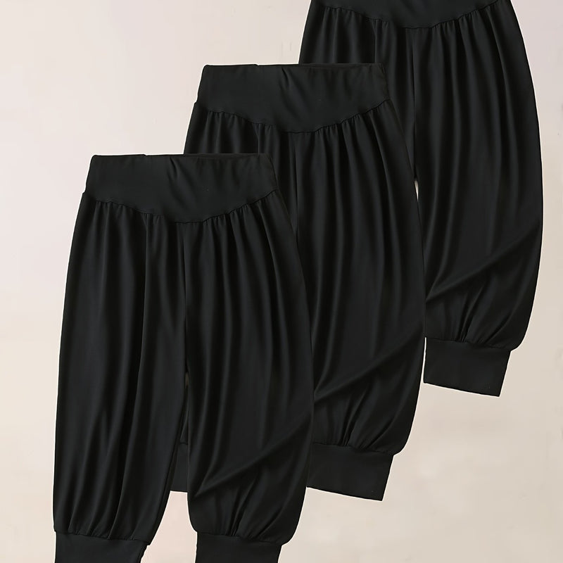 3pcs Women's 7/8 Harem Pants - Casual Stretch Polyester.