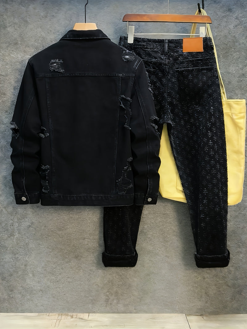 Men's Black Vintage-Washed Denim Two-Piece Set.