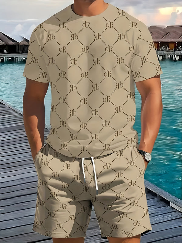 Men's Casual Two-Piece Set Featuring Short Sleeves with English Letter Prints.